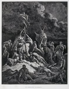 Mojżesz zrobił więc węża z brązu i umieścił go na palu. Liczb 21:7, ilustracja z Biblii Dore