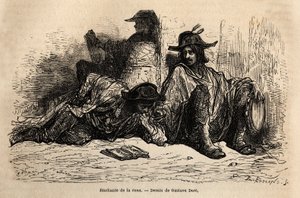 Studenci tuńczyka (lub tunantes) w dzielnicy Uniwersytetu Alcala de Henares, osobliwością tych studentów, którzy przyjęli bezczynne, wolne i wędrujące życie, jest nieuczenie się, szkic na żywo Gustave Dore. Grawerowanie ilustrujące podróż autorstwa Gustave Dore