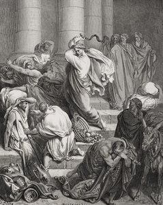 Kupujący i sprzedawcy wypędzeni ze świątyni, Łukasz 19:45-46, ilustracja z „The Holy Bible” Dore