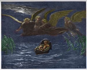 Dzieciątko Mojżesz na Nilu w otoczeniu Aniołów Stróżów - autorstwa Gustave Dore