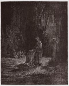 Boska Komedia (La Divina Comedia, La Divine Comedie), Purgatorio, Canto 7: Zdumiony poeta Sordello klęka przed Wergiliuszem - Dante Alighieri (1265-1321) - Ilustracja Gustave Dore (1832-1883) autorstwa Gustave Dore
