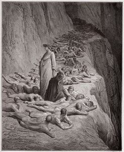 Boska Komedia (La Divina Comedy, La Divine Comedy), Purgatorio, Canto 19: Dusze skąpców: Adrian V rozmawia z Dantem - Dante Alighieri (1265-1321) - Ilustracja Gustave Dore (1832-1883) autorstwa Gustave Dore