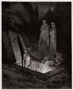 Boska Komedia (La Divina Commedia, La Divine Comedie), Inferno, Canto 10: Farinata degli Uberti zwraca się do Dantego - Dante Alighieri (1265-1321) - Ilustracja Gustave Dore (1832-1883) autorstwa Gustave Dore