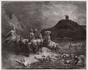 Boska Komedia (La Divina Commedia, La Divine Comedie), Inferno, Canto 12: Nessus i centaury - autorstwa Dante Alighieri (1265-1321) - Ilustracja Gustave Dore (1832-1883) autorstwa Gustave Dore