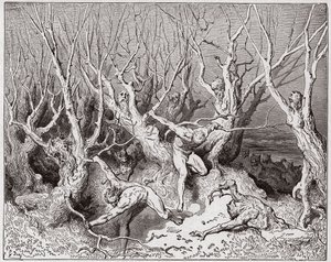 Boska Komedia (La Divina Commedia, La Divine Comedie), Inferno, Canto 13: Samobójcy uciekają z lasu - Dante Alighieri (1265-1321) - Ilustracja Gustave Dore (1832-1883) autorstwa Gustave Dore