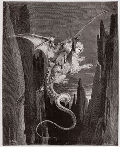 Boska Komedia (La Divina Commedia, La Divine Comedie), Inferno, Canto 17: Zejście w otchłań na plecach Geriona - Dante Alighieri (1265-1321) - Ilustracja Gustave Dore (1832-1883) autorstwa Gustave Dore