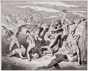 Boska komedia (La Divina Commedia, La Divine Comedie), Inferno, Canto 18: Diabły i uwodziciele - Dante Alighieri (1265-1321) - Ilustracja Gustave Dore (1832-1883) autorstwa Gustave Dore