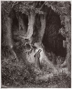 Boska Komedia (La Divina Commedia, La Divine Comedie), Inferno, Canto 1: Dante w dzikim lesie - autorstwa Dante Alighieri (1265-1321) - Ilustracja Gustave Dore (1832-1883) autorstwa Gustave Dore