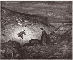Boska Komedia (La Divina Commedia, La Divine Comedie), Inferno, Canto 1: Pantera na początku wznoszenia - Dante Alighieri (1265-1321) - Ilustracja Gustave Dore (1832-1883) autorstwa Gustave Dore