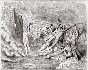 Boska Komedia (La Divina Commedia, La Divine Comedie), Inferno, Canto 21: Diabły dręczą barratorów - Dante Alighieri (1265-1321) - Ilustracja Gustave Dore (1832-1883) autorstwa Gustave Dore