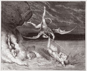 Boska Komedia (La Divina Commedia, La Divine Comedie), Inferno, Canto 22: Ciampolo ucieka przed demonem Alichino w piątej Bolgii - Dante Alighieri (1265-1321) - Ilustracja Gustave Dore (1832-1883) autorstwa Gustave Dore