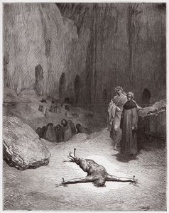 Boska Komedia (La Divina Commedia, La Divine Comedie), Inferno, Canto 23: Ukrzyżowany faryzeusz wśród hipokrytów - Dante Alighieri (1265-1321) - Ilustracja Gustave Dore (1832-1883) autorstwa Gustave Dore