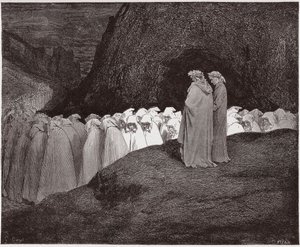 Boska Komedia (La Divina Commedia, La Divine Comedie), Inferno, Canto 23: Obłudnicy zwracają się do Dantego - Dante Alighieri (1265-1321) - Ilustracja Gustave Dore (1832-1883) autorstwa Gustave Dore
