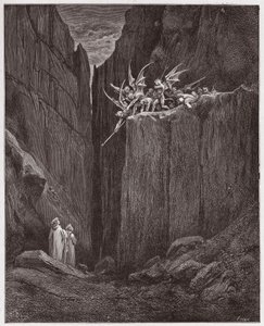 Boska Komedia (La Divina Commedia, La Divine Comedie), Inferno, Canto 23: Poeci uciekają przed demonami piątej bolgii - Dante Alighieri (1265-1321) - Ilustracja Gustave Dore (1832-1883) autorstwa Gustave Dore