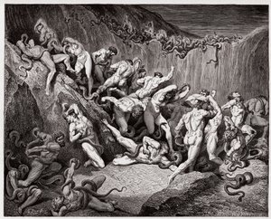 Boska Komedia (La Divina Commedia, La Divine Comedie), Inferno, Canto 24: Złodzieje dręczeni przez węże - Dante Alighieri (1265-1321) - Ilustracja Gustave Dore (1832-1883) autorstwa Gustave Dore