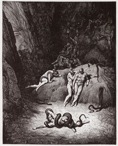 Boska Komedia (La Divina Commedia, La Divine Comedie), Inferno, Canto 25: Agnello przekształcający się w węża - autorstwa Dante Alighieri (1265-1321) - Ilustracja Gustave Dore (1832-1883) autorstwa Gustave Dore