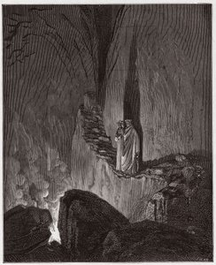 Boska Komedia (La Divina Commedia, La Divine Comedie), Inferno, Canto 26: Płonące duchy Ulissesa i Diomedesa - Dante Alighieri (1265-1321) - Ilustracja Gustave Dore (1832-1883) autorstwa Gustave Dore