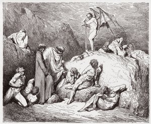 Boska Komedia (La Divina Commedia, La Divine Comedie), Inferno, Canto 28: Okaleczeni siewcy niezgody w dziewiątej Bolgii - Dante Alighieri (1265-1321) - Ilustracja Gustave Dore (1832-1883) autorstwa Gustave Dore