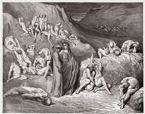 Boska Komedia (La Divina Commedia, La Divine Comedie), Inferno, Canto 29: Falsyfikatorzy i fałszerze dręczeni swędzeniem - Dante Alighieri (1265-1321) - Ilustracja Gustave Dore (1832-1883) autorstwa Gustave Dore