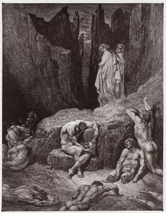 Boska Komedia (La Divina Commedia, La Divine Comedie), Inferno, Canto 29: Wergiliusz gani ciekawość Dantego – Dante Alighieri (1265-1321) – Ilustracja Gustave Dore (1832-1883) autorstwa Gustave Dore