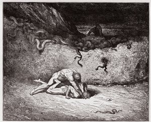 Boska Komedia (La Divina Commedia, La Divine Comedie), Inferno, Canto 30: Męka fałszerzy w dziewiątej Bolgii (Gianni Schicchi) - autorstwa Dante Alighieri (1265-1321) - Ilustracja Gustave Dore (1832-1883) autorstwa Gustave Dore