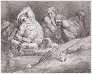 Boska Komedia (La Divina Commedia, La Divine Comedie), Inferno, Canto 31: Efialtes w kajdankach wśród gigantów - Dante Alighieri (1265-1321) - Ilustracja Gustave Dore (1832-1883) autorstwa Gustave Dore