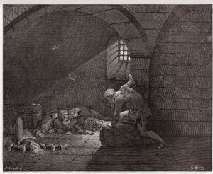 Boska Komedia (La Divina Commedia, La Divine Comedie), Inferno, Canto 33: Ugolino w celi z czterema zmarłymi synami - Dante Alighieri (1265-1321) - Ilustracja Gustave Dore (1832-1883) autorstwa Gustave Dore