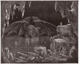 Boska Komedia (La Divina Commedia, La Divine Comedie), Inferno, Canto 34: Lucyfer, król piekła, zamarznięty w lodzie - Dante Alighieri (1265-1321) - Ilustracja Gustave Dore (1832-1883) autorstwa Gustave Dore