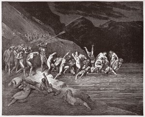 Boska Komedia (La Divina Commedia, La Divine Comedie), Inferno, Canto 3: Zgubione dusze wyruszające na przeprawę przez Acheron - Dante Alighieri (1265-1321) - Ilustracja Gustave Dore (1832-1883) autorstwa Gustave Dore