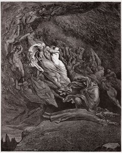 Boska Komedia (La Divina Commedia, La Divine Comedie), Inferno, Canto 5: Francesca opisuje swoją śmierć - Dante Alighieri (1265-1321) - Ilustracja Gustave Dore (1832-1883) autorstwa Gustave Dore