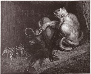 Boska Komedia (La Divina Commedia, La Divine Comedie), Inferno, Canto 5: Minos osądza występki i usuwa dusze - Dante Alighieri (1265-1321) - Ilustracja Gustave Dore (1832-1883) autorstwa Gustave Dore