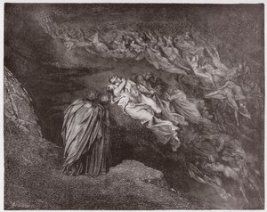 Boska Komedia (La Divina Commedia, La Divine Comedie), Inferno, Canto 5: Dusza Franceski przemawia do Dantego - Dante Alighieri (1265-1321) - Ilustracja Gustave Dore (1832-1883) autorstwa Gustave Dore