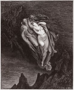 Boska Komedia (La Divina Commedia, La Divine Comedie), Inferno, Canto 5: Dusze Paola i Franceski - Dante Alighieri (1265-1321) - Ilustracja Gustave Dore (1832-1883) autorstwa Gustave Dore