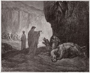 Boska Komedia (La Divina Commedia, La Divine Comedie), Inferno, Canto 6: Wergiliusz karmi Cerbera w trzecim kręgu - Dante Alighieri (1265-1321) - Ilustracja Gustave Dore (1832-1883) autorstwa Gustave Dore
