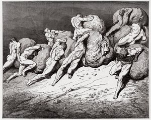 Boska Komedia (La Divina Commedia, La Divine Comedie), Inferno, Canto 7: Dusze chciwych i marnotrawne zmuszone do toczenia ciężkich kamieni - Dante Alighieri (1265-1321) - Ilustracja Gustave Dore (1832-1883) autorstwa Gustave Dore
