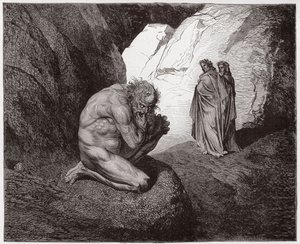 Boska Komedia (La Divina Commedia, La Divine Comedie), Inferno, Canto 7: Wergiliusz gani Plutusa przy wejściu do czwartego kręgu - Dante Alighieri (1265-1321) - Ilustracja Gustave Dore (1832-1883) autorstwa Gustave Dore