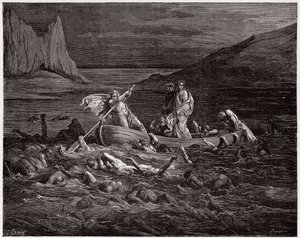 Boska Komedia (La Divina Commedia, La Divine Comedie), Inferno, Canto 8: Phlegyas promuje Dantego i Wergiliusza przez Styks - autorstwa Dante Alighieri (1265-1321) - Ilustracja Gustave Dore (1832-1883) autorstwa Gustave Dore