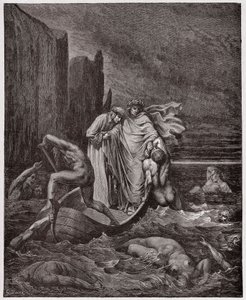 Boska Komedia (La Divina Commedia, La Divine Comedie), Inferno, Canto 8: Dusza florenckiego Philippo Argentiego zaczepia poetów na Styksie - Dante Alighieri (1265-1321) - Ilustracja Gustave Dore (1832-1883) autorstwa Gustave Dore