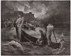 Boska Komedia (La Divina Commedia, La Divine Comedie), Inferno, Canto 8: Wergiliusz i Dante wysiadają z cytadeli Dis - autorstwa Dante Alighieri (1265-1321) - Ilustracja Gustave Dore (1832-1883) autorstwa Gustave Dore