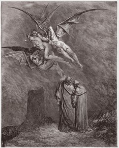 Boska Komedia (La Divina Commedia, La Divine Comedie), Inferno, Canto 9: Ohydne Erinyes: Megaera, Tisphone, Alecto - autorstwa Dante Alighieri (1265-1321) - Ilustracja Gustave Dore (1832-1883) autorstwa Gustave Dore