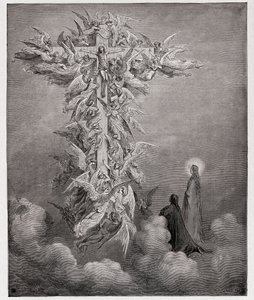 Boska Komedia (La Divina Commedia, La Divine Comedie), Paradiso, Canto 14: Dante i Beatrice widzą anioły z Chrystusem na krzyżu - autorstwa Dante Alighieri (1265-1321) - Ilustracja Gustave Dore (1832-1883) autorstwa Gustave Dore