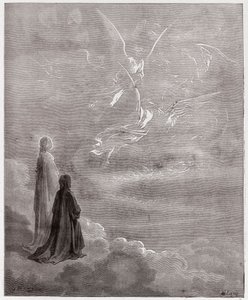 Boska Komedia (La Divina Commedia, La Divine Comedie), Paradiso, Canto 18: Dante i Beatrice przetłumaczone na sferę Jowisza - Dante Alighieri (1265-1321) - Ilustracja Gustave Dore (1832-1883) autorstwa Gustave Dore
