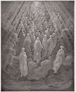 Boska Komedia (La Divina Commedia, La Divine Comedie), Paradiso, Canto 5: Zastęp niezliczonych świecących dusz w drugiej sferze – Dante Alighieri (1265-1321) – Ilustracja Gustave Dore (1832-1883) autorstwa Gustave Dore