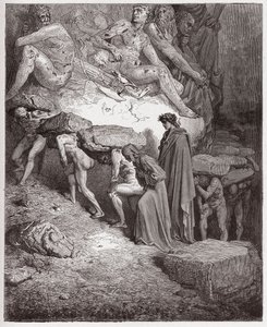 Boska Komedia (La Divina Commedia, La Divine Comedie), Purgatorio, Canto 11: Dusze dumnych, niosące ciężkie kamienie - Dante Alighieri (1265-1321) - Ilustracja Gustave Dore (1832-1883) autorstwa Gustave Dore