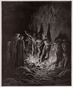 Boska Komedia (La Divina Commedia, La Divine Comedie), Purgatorio, Canto 25: Pożądliwe przejście przez ogień w siódmym kręgu - Dante Alighieri (1265-1321) - Ilustracja Gustave Dore (1832-1883) autorstwa Gustave Dore