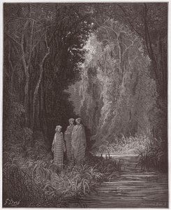 Boska Komedia (La Divina Commedia, La Divine Comedie), Purgatorio, Canto 28: Dante, Virgil i Statius w starożytnym lesie ziemskiego raju - autorstwa Dante Alighieri (1265-1321) - Ilustracja Gustave Dore (1832-1883) ) autorstwa Gustave Dore