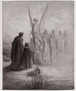 Boska Komedia (La Divina Commedia, La Divine Comedie), Purgatorio, Canto 2: Niebiański pilot ląduje na łodzi - Dante Alighieri (1265-1321) - Ilustracja Gustave Dore (1832-1883) autorstwa Gustave Dore