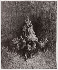 Boska Komedia (La Divina Commedia, La Divine Comedie), Purgatorio, Canto 32: Olbrzym i nierządnica w rydwanie - Dante Alighieri (1265-1321) - Ilustracja Gustave Dore (1832-1883) autorstwa Gustave Dore