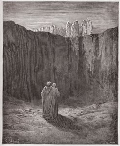 Boska Komedia (La Divina Commedia, La Divine Comedie), Purgatorio, Canto 3: Towarzystwo dusz na klifie - Dante Alighieri (1265-1321) - Ilustracja Gustave Dore (1832-1883) autorstwa Gustave Dore