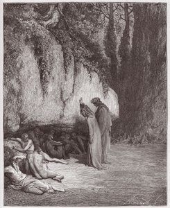Boska Komedia (La Divina Commedia, La Divine Comedie), Purgatorio, Canto 4: Opieszałe dusze przy skale - Dante Alighieri (1265-1321) - Ilustracja Gustave Dore (1832-1883) autorstwa Gustave Dore